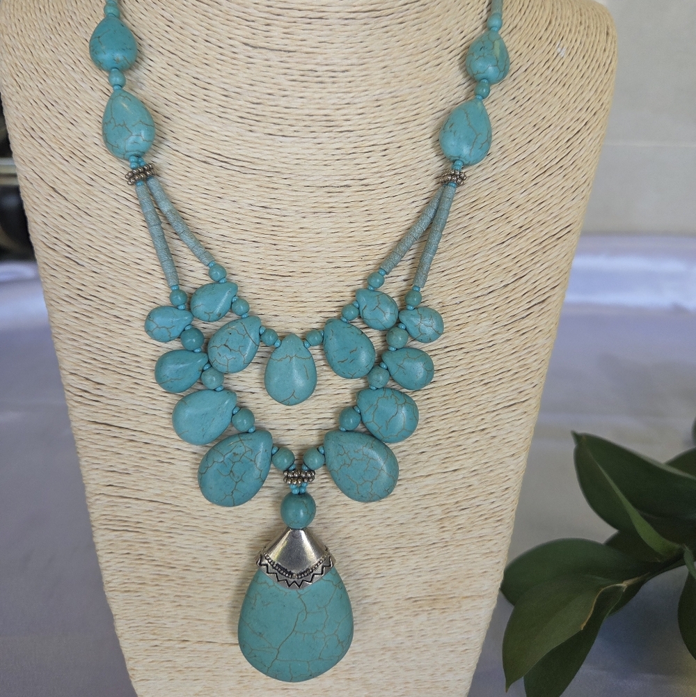 Turquoise Teardrop Statement Necklace, Artisanal Handmade In  India